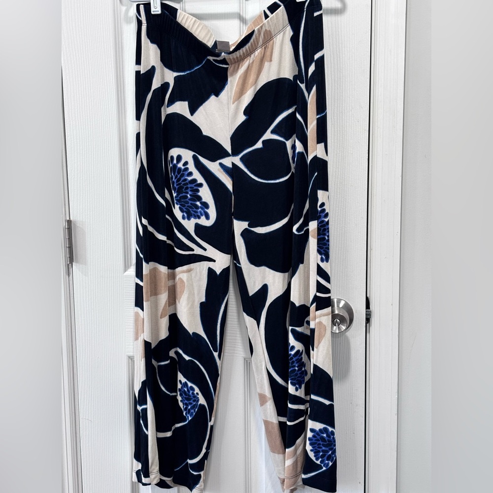 Chico's Floral Wide Leg Pants - Navy, Beige, and White - Picture 2 of 11